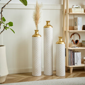 English Elm Floor Elegant 3-Piece Metal Vase Set - Modern Droplet Style In White And Gold For Stunning Decor W2796P290480