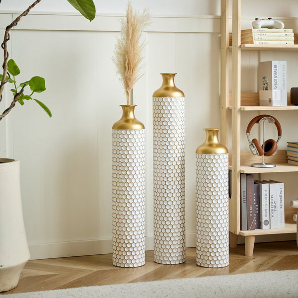 English Elm Floor Elegant 3-Piece Metal Vase Set - Modern Droplet Style In White And Gold For Stunning Decor W2796P290480