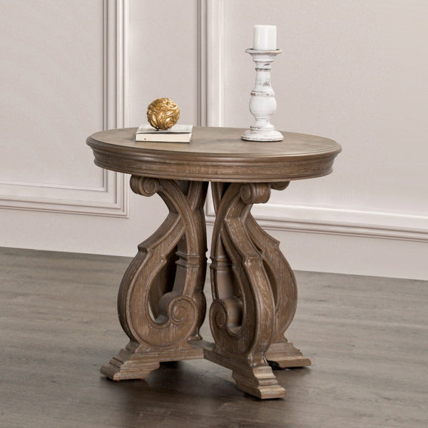 English Elm Traditional Round End Table With Carved Scroll Legs – Elegant Solid Wood Design In Rich Oak Finish B2741P361128-GIGA