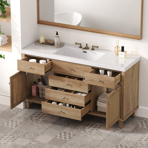 English Elm 60" Boutique Bathroom Vanity Rattan Doors Soft Close Drawers Smc Sink Pine Legs Natural Wood N817P397678N