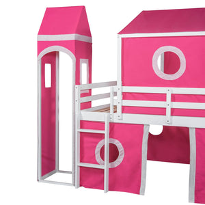 English Elm Full Size Kids Castle Loft Bed with Slide Tent and Tower Pinewood Play Structure LT000771AAH-1