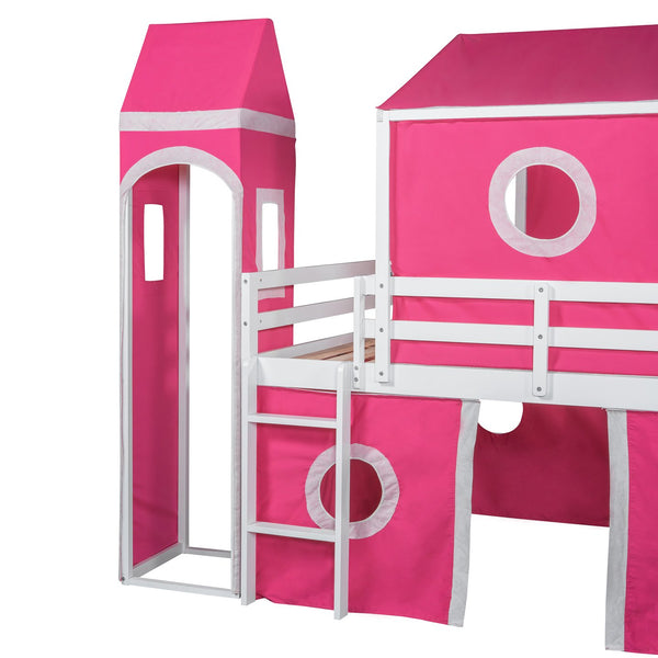 English Elm Full Size Kids Castle Loft Bed with Slide Tent and Tower Pinewood Play Structure LT000771AAH-1