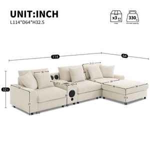 English Elm 114*64'' Corduroy Cloud Sectional with Bluetooth Speakers Usb Charging Ottoman Lounge Sofa N723S9756A