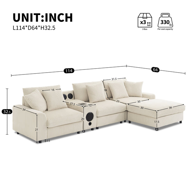 English Elm 114*64'' Corduroy Cloud Sectional with Bluetooth Speakers Usb Charging Ottoman Lounge Sofa N723S9756A