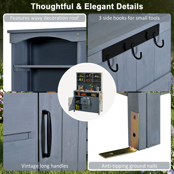 English Elm (with Hutch) Topmax Solid Fir Outdoor Potting Bench Station Cabinets Drawers Patio Garden Gray N717P404332E
