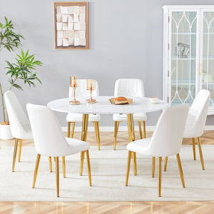 English Elm Table Set Extendable Round Oval Mdf White Gold Legs Six Pu Chairs Modern Dining W1151S03955
