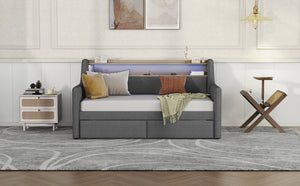 English Elm Twin Size Daybed With Built-In Storage, Charging Station & Led Lights - Stylish Gray Upholstered Design W1580S00060-GIGA