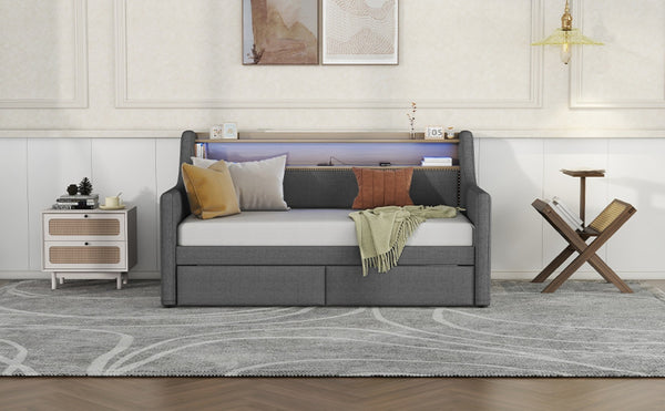 English Elm Twin Size Daybed With Built-In Storage, Charging Station & Led Lights - Stylish Gray Upholstered Design W1580S00060-GIGA
