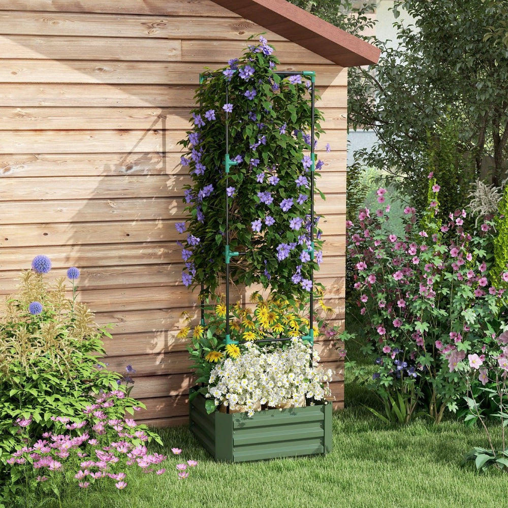 English Elm Outsunny Galvanized Raised Garden Bed With Trellis, 24" Outdoor Planter For Vegetables & Vines W2225P174424-GIGA