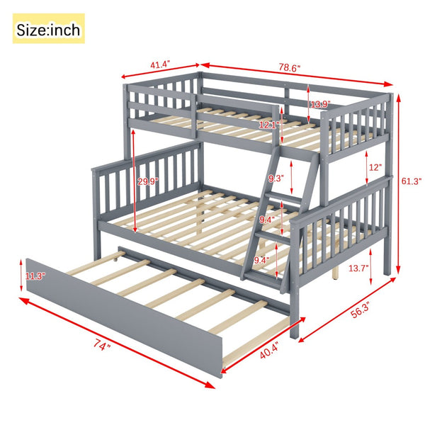 English Elm Twin Over Full Bunk Bed With Trundle, Detachable Ladder, Rustic Grey Wood, Space-Saving Design W504S00186-GIGA