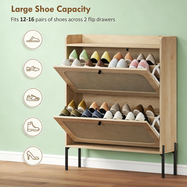 English Elm Narrow Rattan Front Shoe Cabinet with Oak Finish Entryway Storage for 16 Pairs T3971P481653