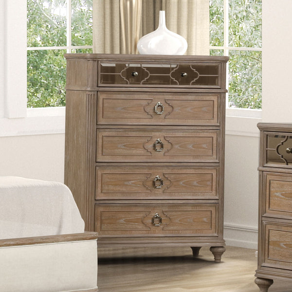 English Elm Simple Contemporary Chest of Drawers with Solid Wood Veneer, Felt-Lined Top Drawer & Metal Handles Oak,Rustic 21 L x 44 W x 54 H B2741P357499