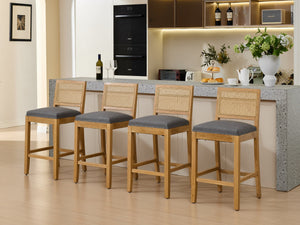 English Elm Full Solid Wood Rattan-Back Bar Stool Set Of 2 - Gray Matte Linen Cushion For Rustic Kitchen & Café W1143P384366