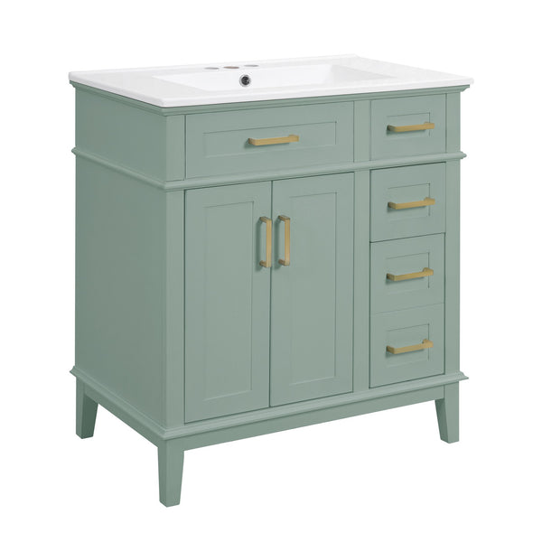 English Elm 30" Freestanding Bathroom Vanity Ceramic Sink Soft Close Cabinet Gray Wood Frame Light Green N729P427118F