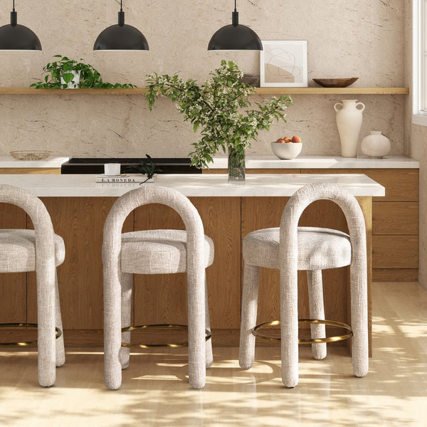 English Elm Jennifer Taylor Home - Penny Fully Upholstered 26.5" Counter Stool Set of 2 in Travertine Beige Chenille with Brass Ring Footrest B2719P360149