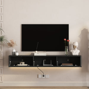 English Elm Floating Wall Mounted Tv Shelf with Led Backlight Gloss Cabinet and Built in Power Strip Black W1321P391262