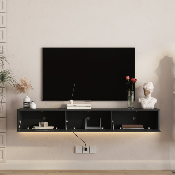 English Elm Floating Wall Mounted Tv Shelf with Led Backlight Gloss Cabinet and Built in Power Strip Black W1321P391262