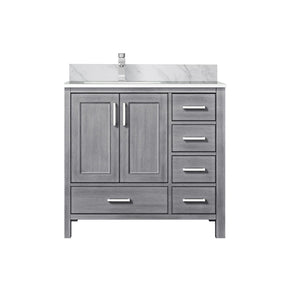 English Elm Distressed Grey 36" Bath Vanity with Left Carrara Marble Top, Soft-Close Drawers & Chrome Faucet Set B2731P259041