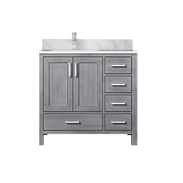 English Elm Distressed Grey 36" Bath Vanity with Left Carrara Marble Top, Soft-Close Drawers & Chrome Faucet Set B2731P259041