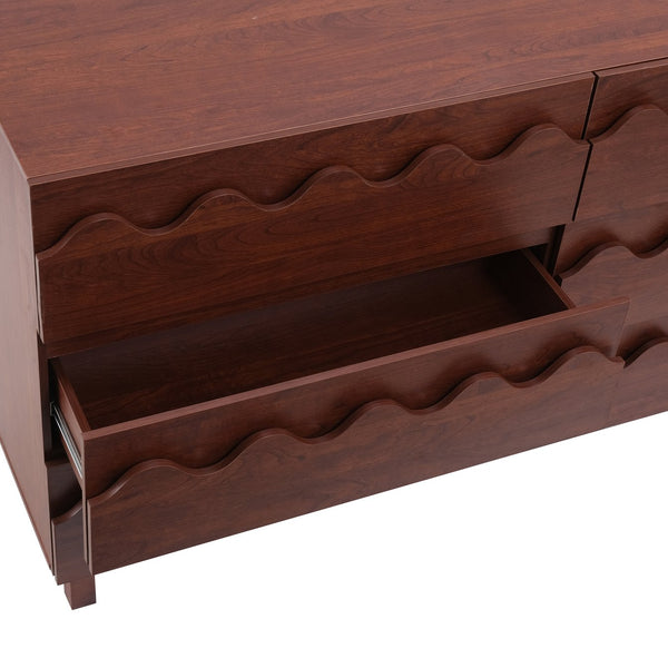 English Elm 60" Wave Front Six Drawer Dresser Sculptural Engineered Wood Media Console for Bedroom Walnut N739S0000011D
