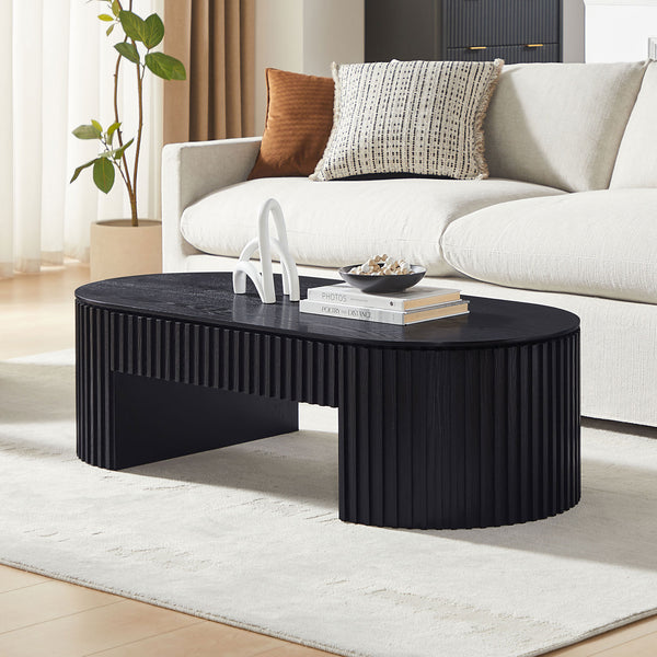 English Elm 51.18'' Oval Mdf Coffee Table with Hidden Drawer Mid-century Pedestal Base Black W876P370279