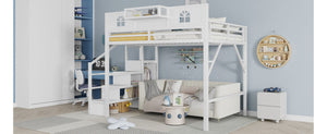 English Elm Queen Size Loft Bed With House-Shaped Guardrails, Stairs & Wardrobe - Perfect For Kids & Teens! W2593S00038-GIGA