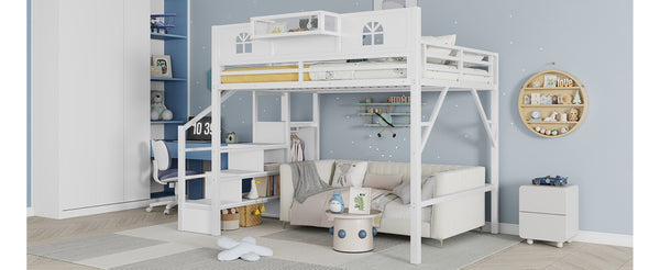 English Elm Queen Size Loft Bed With House-Shaped Guardrails, Stairs & Wardrobe - Perfect For Kids & Teens! W2593S00038-GIGA