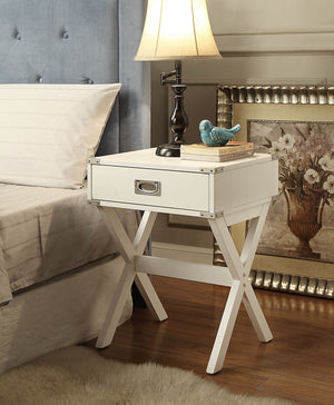 English Elm Babs Industrial Accent Table with X Base Metal Hardware and Single Storage Drawer White B2726P270997