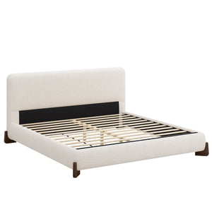 English Elm Elegant Boucle Platform Bed White Upholstered King with Dark Brown Wood Legs N769P228000K