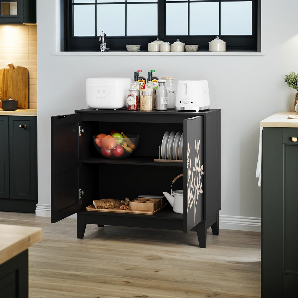 English Elm 31.5 Vintage Carved Buffet Cabinet with Adjustable Shelves, Waterproof MDF Sideboard for Home Storage Black W1706P311103