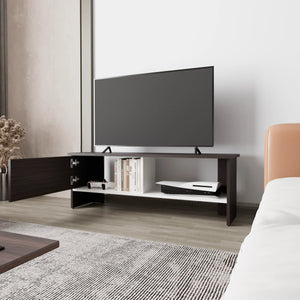 English Elm Walnut Stained Media Console with White Accents, 2-Shelf Open Storage and Single Door Organizer B062P290231