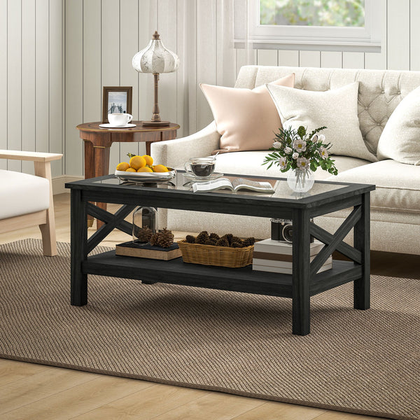 English Elm HOMCOM Modern Farmhouse Glass Coffee Table with Tempered Top, Lower Storage Shelf & X-Frame Design Black W2225P229136