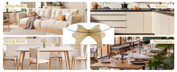 English Elm Round Tempered Glass Coffee Table with Fan Pedestal Base for Modern Living Rooms Natural Wood,Transparent W1151P256001