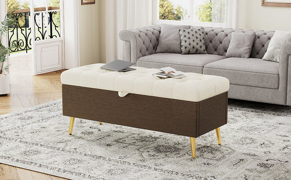 English Elm Modern Boucle Tufted Storage Ottoman Bench with Gold Legs for Bedroom or Entryway Beige N719P305620A