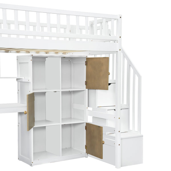 English Elm Wood Twin Loft Bed with Built-In L-Desk, LED Lighting, Staircase Storage, Shelves & Cabinets White N7090000470K