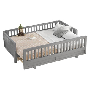 English Elm Twin Xl Convertible Platform Bed With Guardrails, Solid Wood Frame In Gray - Safe & Stylish Sleep Solution W1580S00242-GIGA