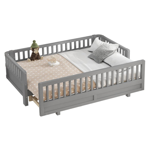 English Elm Twin Xl Convertible Platform Bed With Guardrails, Solid Wood Frame In Gray - Safe & Stylish Sleep Solution W1580S00242-GIGA