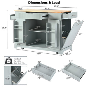 English Elm K&K Fluted Kitchen Island Cart with Tilt-Out Trash, Charging Station, Hidden Wheels & Ample Storage Grey+Blue N707P221571G