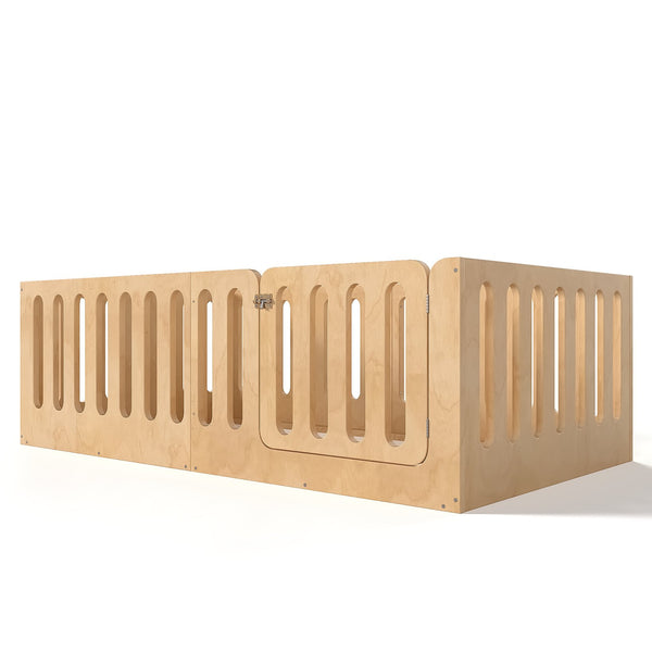English Elm Twin Solid Pine Montessori Floor Bed with House Frame Door and Safety Fence Natural W5305P420633