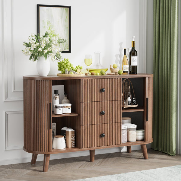 English Elm Sideboard Fluted Credenza with Three Drawers Two Doors Matte Black Modern Storage Walnut T3773P417317