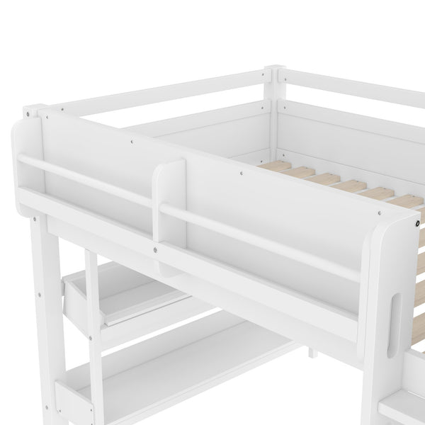 English Elm Twin Low Loft Bed Solid Pine Frame Kids Study Desk Blackboard Storage White W1580S00297
