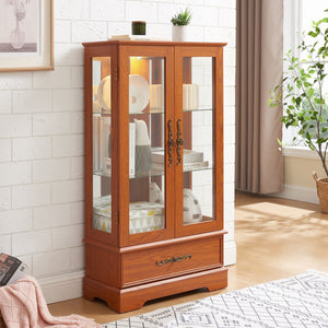 English Elm Glass Lighted Curio Cabinet DARK OAK with Adjustable Glass Shelves, Vintage Handles, Bulb Included W2275P295883