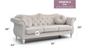 English Elm Glory Velvet Tufted Sofa Chaise with Nailhead Trim, Pocketed Coil Cushions & Hardwood Frame Ivory 14 L x 27 W x 72 H B078S00139