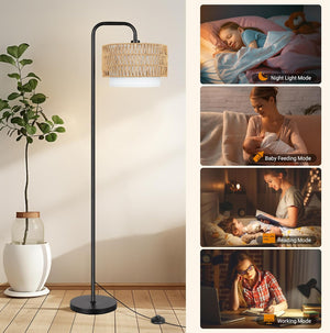English Elm 68''Floor Boho Farmhouse Lamp with Remote & Pedal, 3Temp Dimmable LED, Rattan + Linen Shades, Black W3355P391496