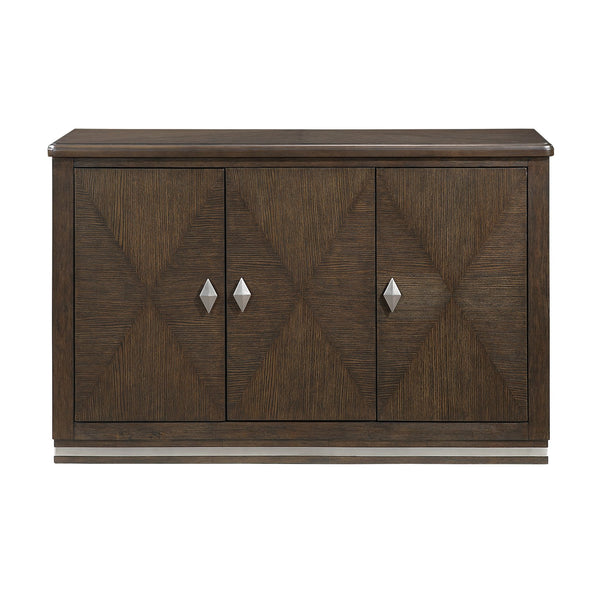 English Elm Modern Brown Wire-Brushed Server with 3 Cabinets, Adjustable Shelves, Nickel Diamond Handles & Metallic Base B011P372230