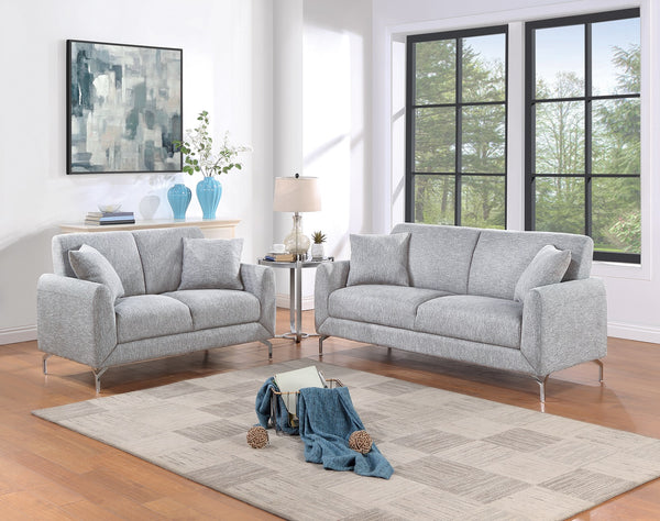 English Elm Elegant Burlap-Like 2pc Sofa Loveseat Set with Chrome Triangle Legs, Tight Seat/Back & Pillows Light Gray 75 L x 30 W x 21 H B011S01336