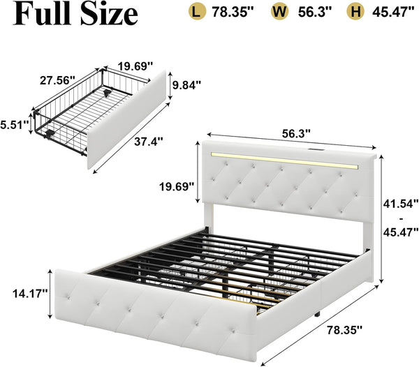 English Elm Full Size Pu Leather Storage Bed with Rgb Led Headboard and Charging Station White W5722P462437