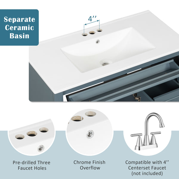 English Elm 36" Modern Bathroom Vanity with Ceramic Sink, Gold Handles, Flip-Out Drawer & Soft-Close Doors Blue Gray N725P283623C