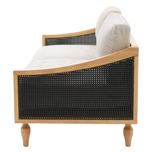 English Elm Mid-century Loveseat with Rattan Armrests Chenille Upholstery and Rubberwood Legs N763P379762Z