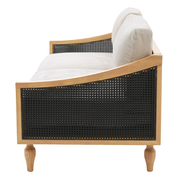 English Elm Mid-century Loveseat with Rattan Armrests Chenille Upholstery and Rubberwood Legs N763P379762Z